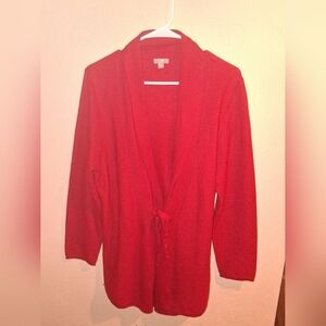 J Jill Red Tie Cardican Waffle Knit Wool Blend L Holiday L